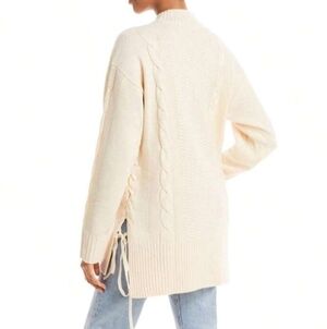 Cream Ribbed Cable Knit Lace Up Mock Neck Tunic Sweater Size Medium